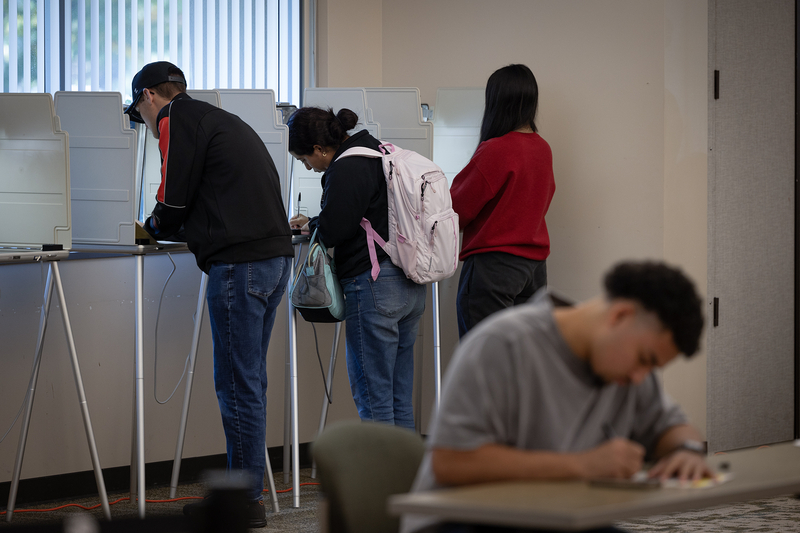 Individuals are seen voting at private booths in a well-lit room, with one person seated at a nearby table, filling out paperwork. Some voters have backpacks and are focused on the process. The background includes vertical window blinds and a neutral interior setting.