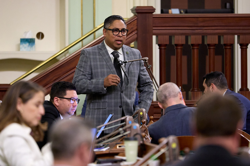 A person with white short hair and wearing a gray suit speaks in front of a microphone on a wooden desk during a legislative session. Other lawmakers sitting at their desks can be seen in the foreground and background.