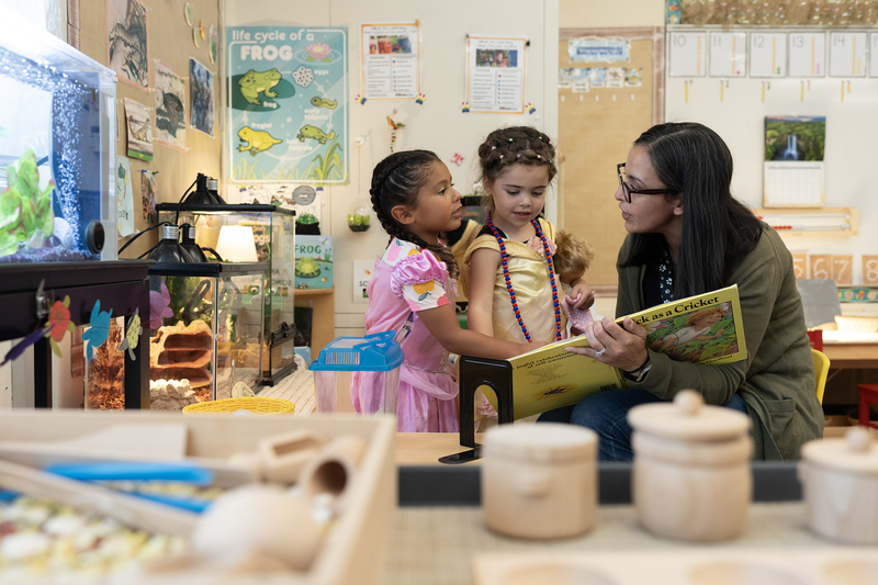 In a colorful classroom, two children dressed in playful outfits stand beside an adult who is seated and holding an open picture book titled Quick as a Cricket. The children look at the book with interest as the adult reads to them. Behind them, classroom decorations include a poster showing the life cycle of a frog, tanks with small animals or classroom pets, and various educational materials on the walls. In the foreground, blurred wooden play items sit on a table.