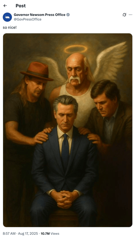 A screenshot of a social media post from the Governor Newsom Press Office shows a stylized painting of Gavin Newsom seated with his head bowed and hands clasped, surrounded by three men. A muscular, white-haired man with a mustache, angel wings and a glowing halo stands behind him, while two men on either side rest their hands on Newsom’s shoulders.