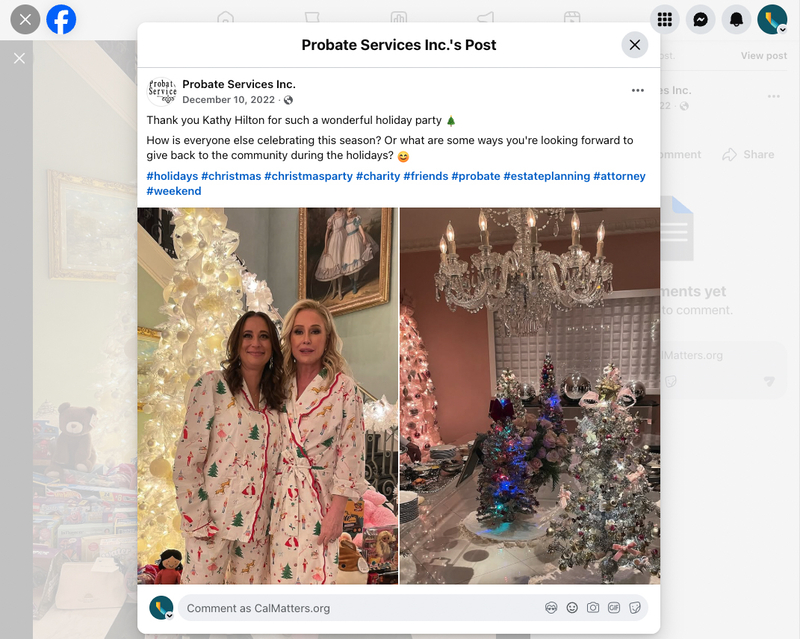 Two people in festive pajamas stand in front of a brightly lit Christmas tree beside wrapped gifts; a second image shows a decorated holiday table with small lit trees and a chandelier overhead.