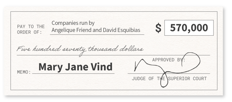 Graphic depiction of a check in the amount of $570,000, with the memo "Mary Jane Vind," paid to"Companies run by Angelique Friend and Esquibias," and approved by a judge of the superior court