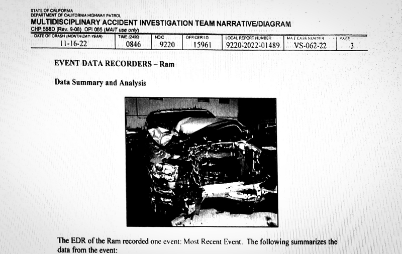 A scanned page from a California Highway Patrol “Multidisciplinary Accident Investigation Team Narrative/Diagram” report shows headings for event data recorders and data summary and analysis. A small black-and-white photo of a heavily damaged vehicle appears in the center of the document.