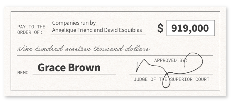 Graphic depiction of a check in the amount of $919,000, with the memo "Grace Brown" paid to"Companies run by Angelique Friend and Esquibias," and approved by a judge of the superior court