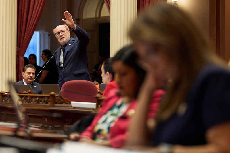 A lawmaker gestures with their left hand and they look towards their left while standing in front of a microphone connected to a desk inside a legislative room. Other lawmakers can be seen in the foreground of the frame.