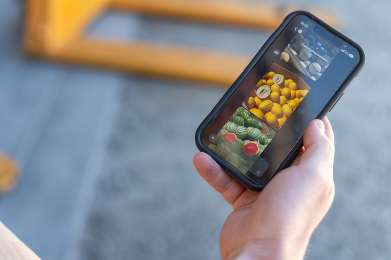 A man holds up a cell phone showing a text message conversation full of pictures of colorful fruits.