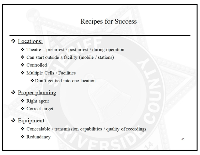 A slide titled "recipes for success" from a presentation detailing Perkins operations by James Dickey, a Riverside County Sheriff’s investigator and Riverside County deputy district attorney David Tahan. The slide mentions ideal locations, proper planning and equipment.