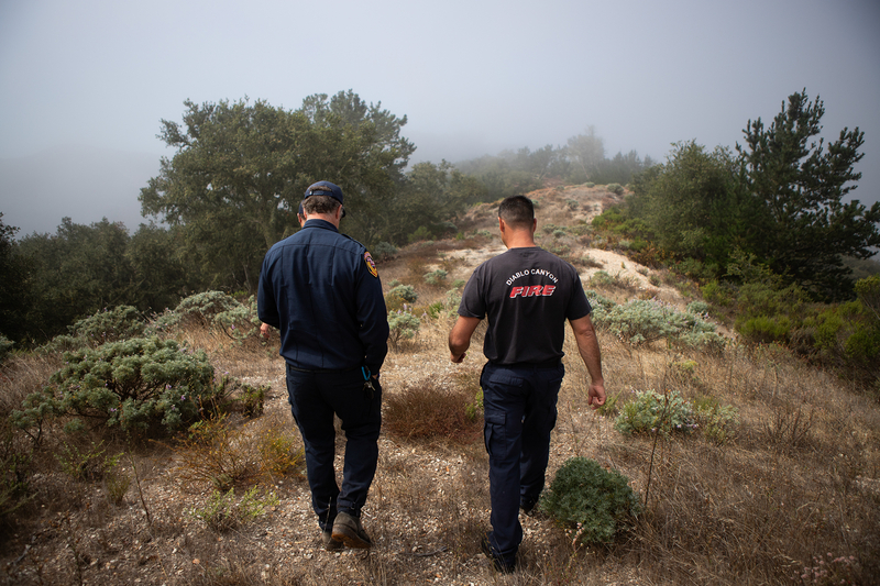 A view from behind of two fire officials as they walk through a small hill with vegetation on a foggy day.