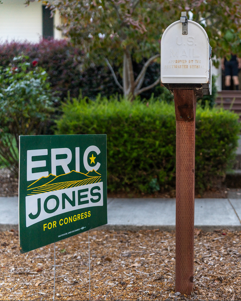 A green campaign sign that reads, "Eric Jones for congress" is posted next to a mailbox in front of a home.