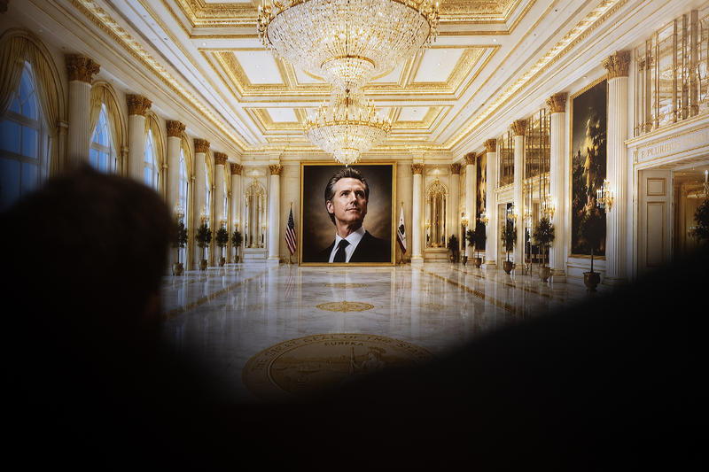 A large portrait of Gov. Gavin Newsom is displayed at the end of an ornate, gold-trimmed ballroom with crystal chandeliers, marble floors and American and California flags. Dark silhouettes of audience members frame the foreground.
