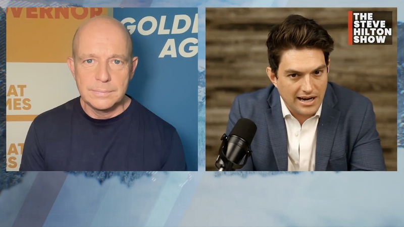 Two men appear in a split-screen interview, with one speaking into a microphone during “The Steve Hilton Show.”