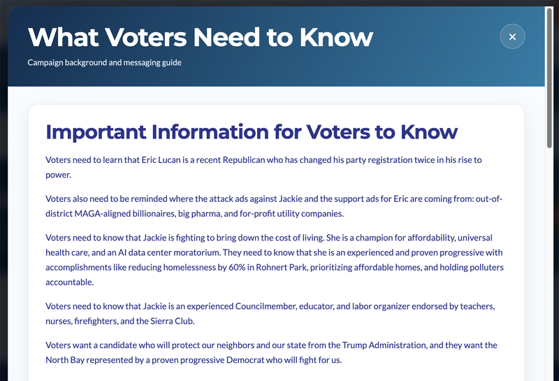 Screenshot of a campaign messaging guide titled “What Voters Need to Know,” outlining Jackie’s policy priorities and criticism of opponent Eric Lucan, including his political affiliations and campaign funding.