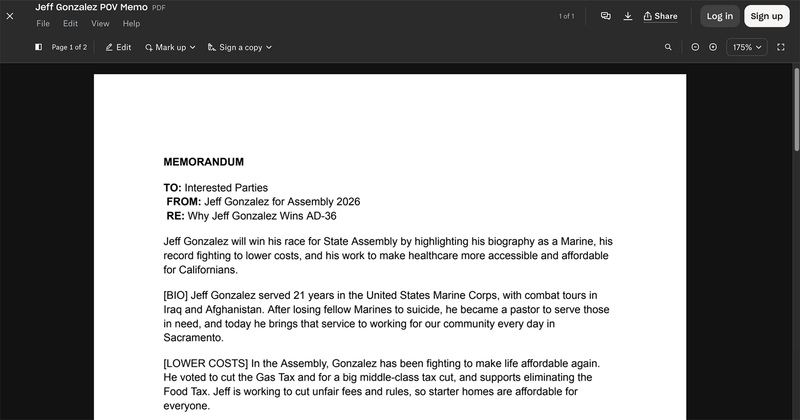 Screenshot of a PDF memorandum titled “Why Jeff Gonzalez Wins AD-36,” outlining the Assembly candidate’s military background and campaign messaging on lowering costs and improving health care affordability.