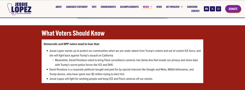 Screenshot of Jessie Lopez’s campaign website showing a red section titled “What Voters Should Know,” with bullet points contrasting Lopez’s positions with those of opponent David Penaloza on immigration enforcement, surveillance cameras and campaign contributions.