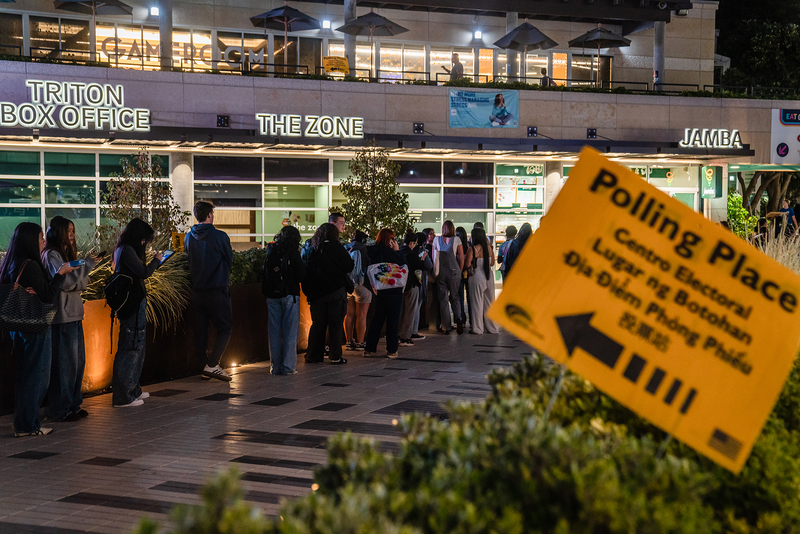 A view of people waiting in line to vote on Election Night outside a vote center at a college campus. The line forms next to a row of bushes, where a yellow polling place sign can be seen.