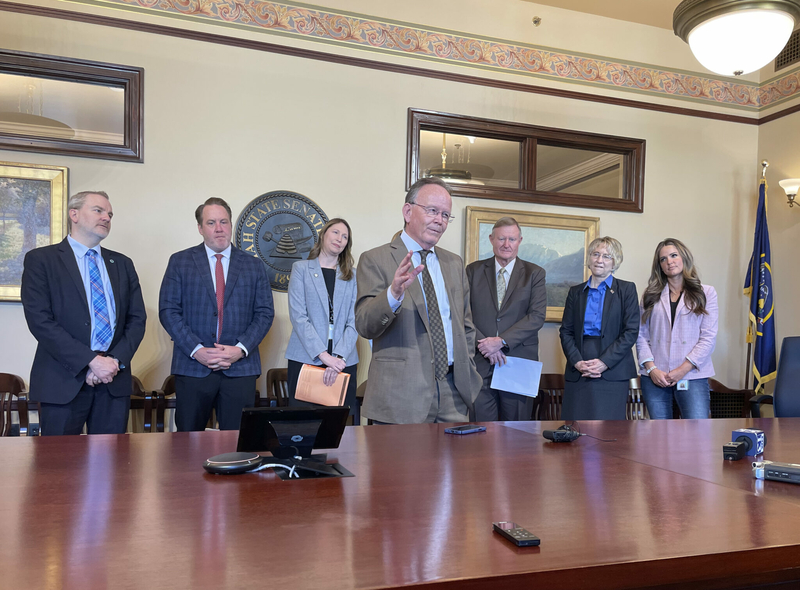 Utah Senate President Stuart Adams (front), speaks at a news conference at the Utah Capitol in Salt Lake City with other Republican lawmakers.