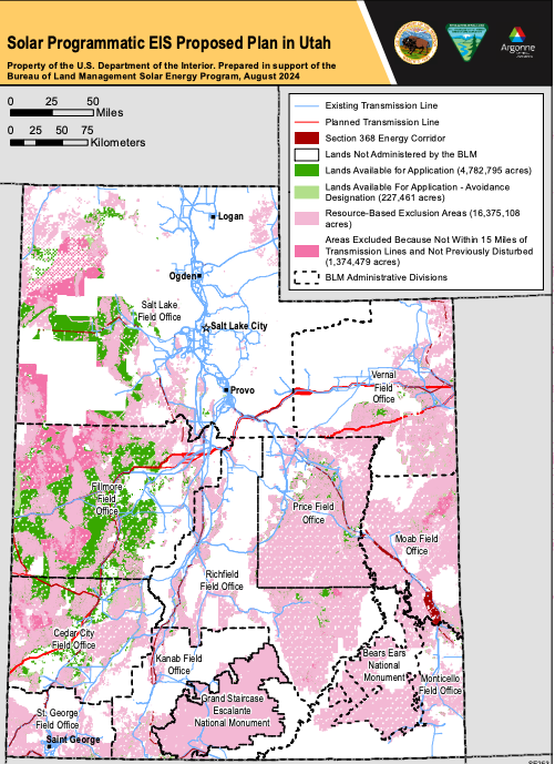 A map showing land in Utah the Bureau of Land Management highlighted for its potential for solar energy.