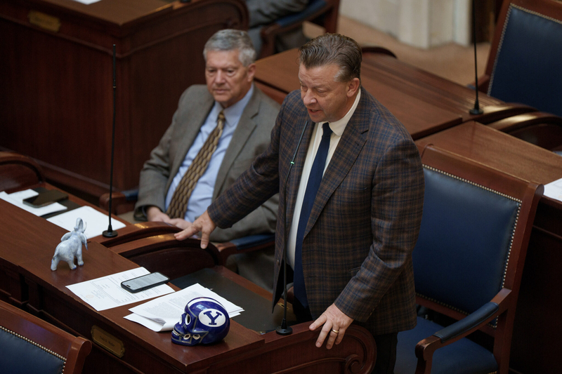 Sen. Todd Weiler, R-Woods Cross, rises in support of S.B. 1011, which would set 3 tests to assess congressional maps, in the Senate Chamber during a special legislative session at the Capitol in Salt Lake City on Monday, Oct. 6, 2025. (Photo by Spenser Heaps for Utah News Dispatch)