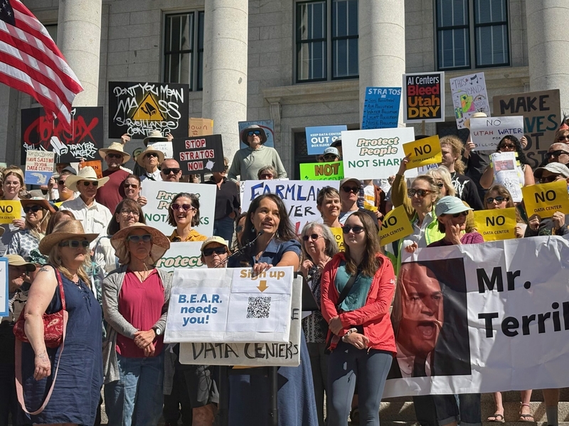 Rhonda Lauritzen speaks during a rally at the Utah Capitol against the 40,000-acre Stratos data center in Box Elder County. (Annie Knox, Utah News Dispatch)