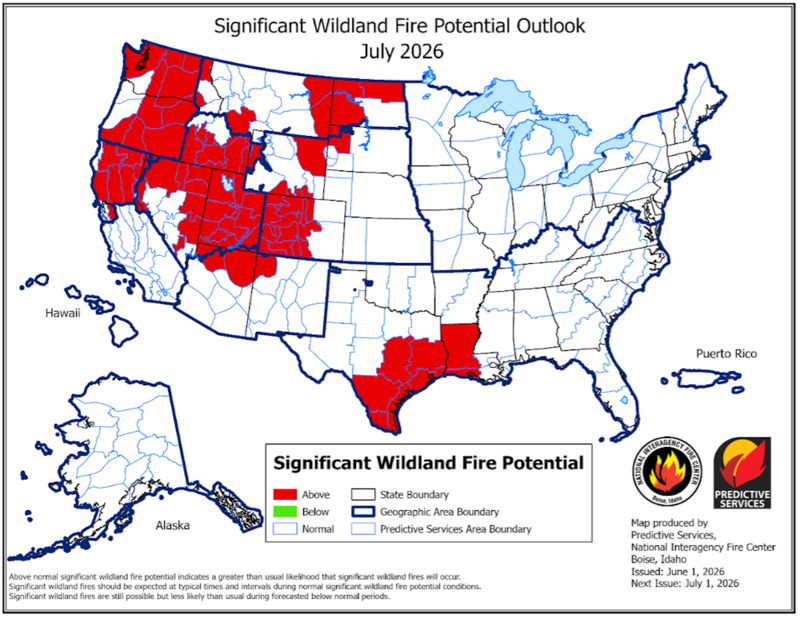 Wildland fire risk projections for July 2026 from the National Interagency Fire Center.
