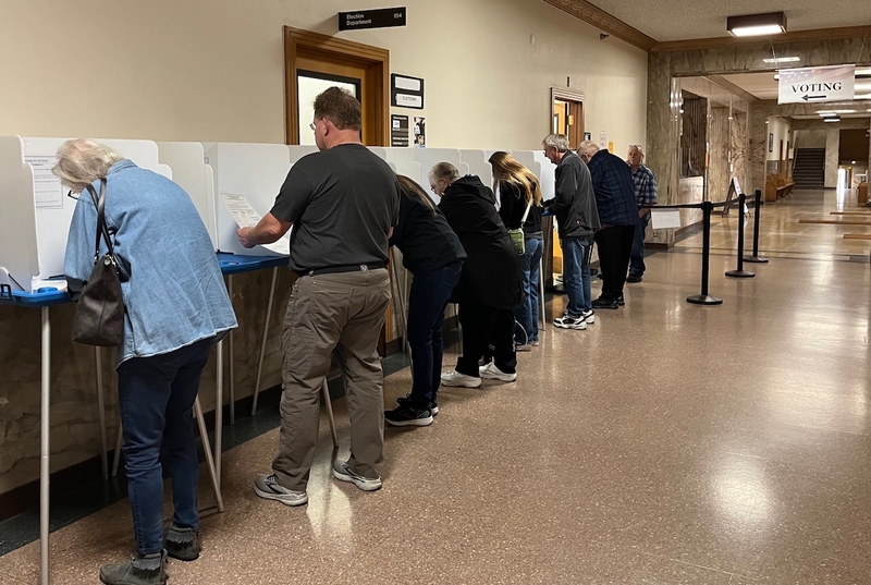 Several people stand at shielded voting booths