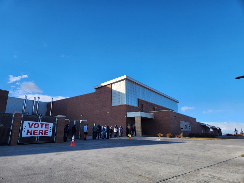 A clear, sunny day with a line of people outside a brick building and a "vote here" sign