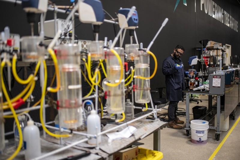 A worker at a EnergyX laboratory on Tuesday, Oct 7, 2025 in Austin. EnergyX produces lithium to be used in batteries that they hope will lead to sustainable alternative energy production.