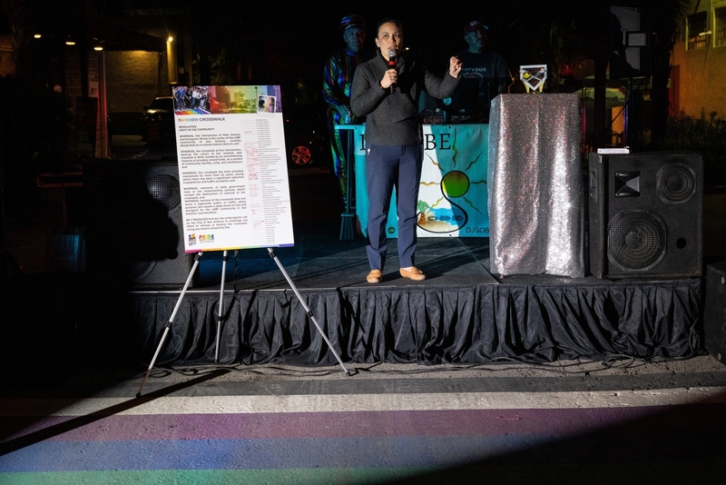 San Antonio Mayor Gina Ortiz Jones speaks at the end of a rally where community members and several LGBTQ+ and allied organizations gathered to fight for the rainbow crosswalk to stay in the city's Pride Cultural Heritage District on Oct. 30, 2025.
