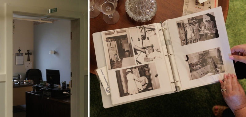 Left: Patient rooms are repurposed as admin rooms and offices in the older half of the Olney-Hamilton Hospital on June 27, 2025. Right: Olney-Hamilton Hospital Board of Directors board member Kathrine Smith looks through photo albums full of documentation of the Olney-Hamilton Hospital over the decades at her grandparents home in Olney on June 29, 2025. Smith is the great-granddaughter of Dr. George B. Hamilton, who founded the hospital in 1927.
