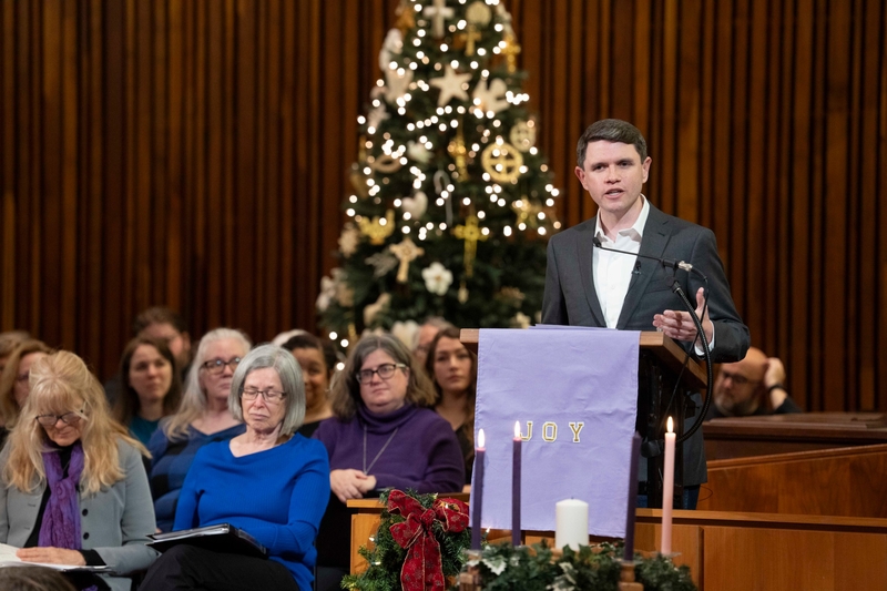 Candidate for U.S. Senate James Talarico preaches at Central Presbyterian Church in downtown Austin on Dec. 14, 2025.