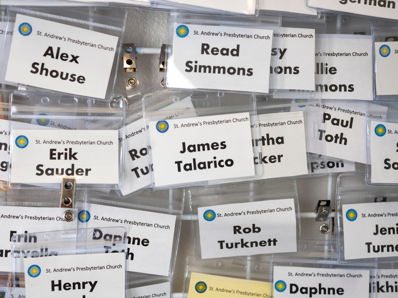 James Talarico's nametag at St Andrew's Presbyterian Church in Austin.