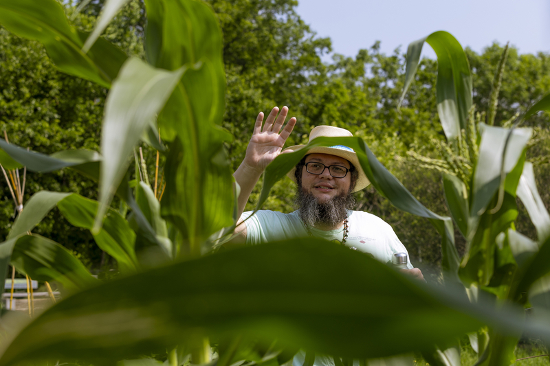 Doug Martin with the Central Texas Cherokee Township said the corn stalk has grown “as high as an elephant’s eye” at Cunningham Elementary school garden on April 27, 2026.