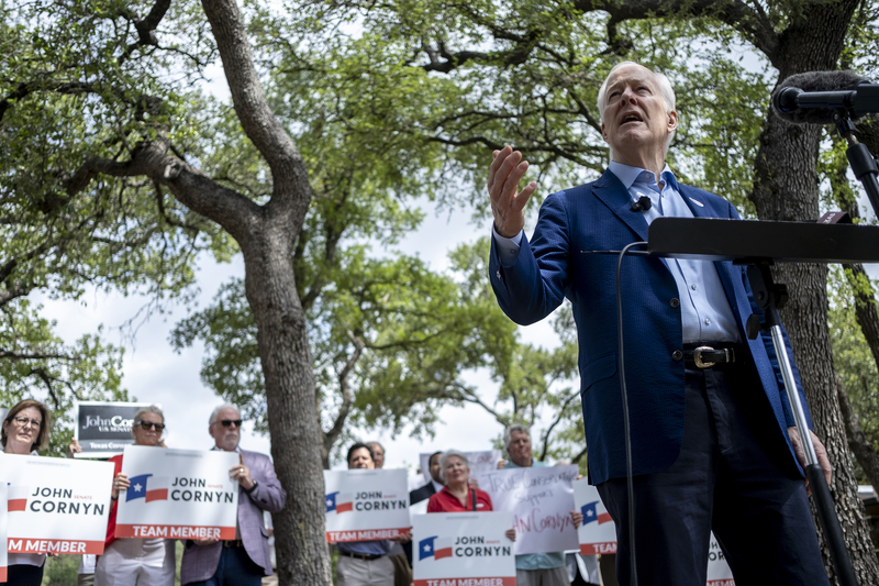 U.S. Sen. John Cornyn speaks to members of the press after casting his vote on the first day of early voting for the Texas primary runoff elections at the Circle C. Community Center in Austin on Monday, May 18, 2026.