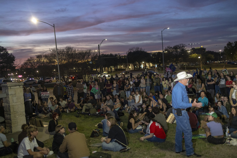 After reaching capacity, San Marcos residents outside city hall listen to a City Council meeting for a proposed AI data center on Tuesday, Feb. 17, 2026. Hundreds gathered inside and outside, some in opposition and others in support of the rezoning.
