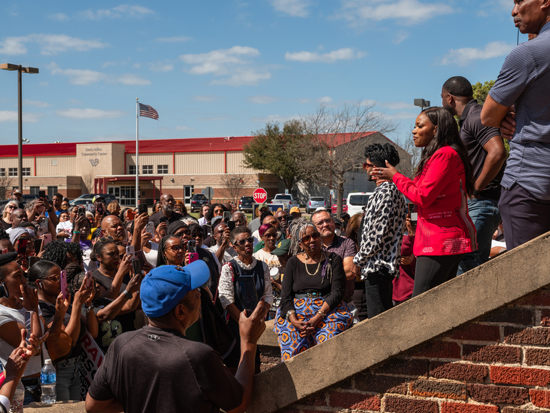 U.S. Rep. Jasmine Crockett, D-Dallas, gives an election day stump speech on the steps of the former Paul Quinn College across from the Waco Multi-Purpose Facility voting center on Mar. 3, 2026.