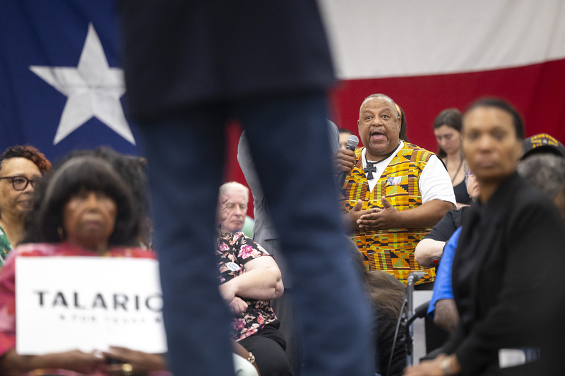 Earnest “Babalola” Goodrich Sr. asks James Talarico a question during a town hall meeting at Kingdom Builders Center on Sunday, July 19, 2026, in Houston.