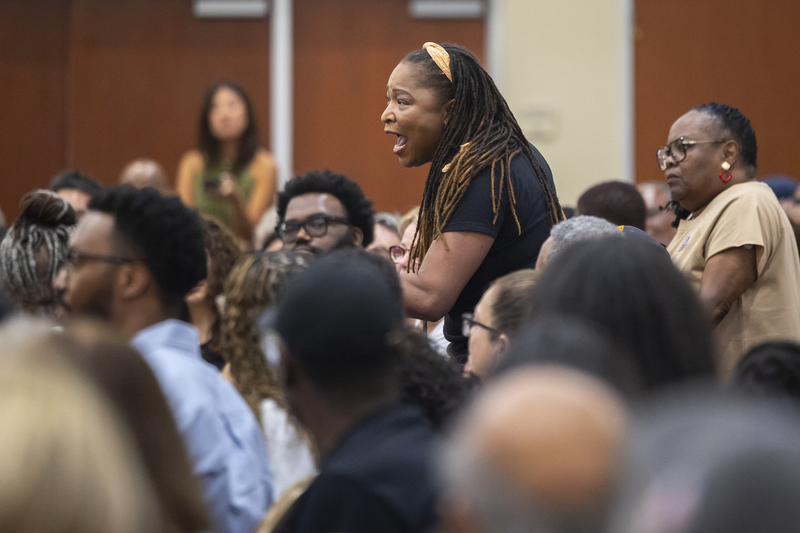 Kandice Webber asks for a chance to question U.S. Senate candidate James Talarico during a town hall meeting at Kingdom Builders Center on Sunday, July 19, 2026, in Houston.