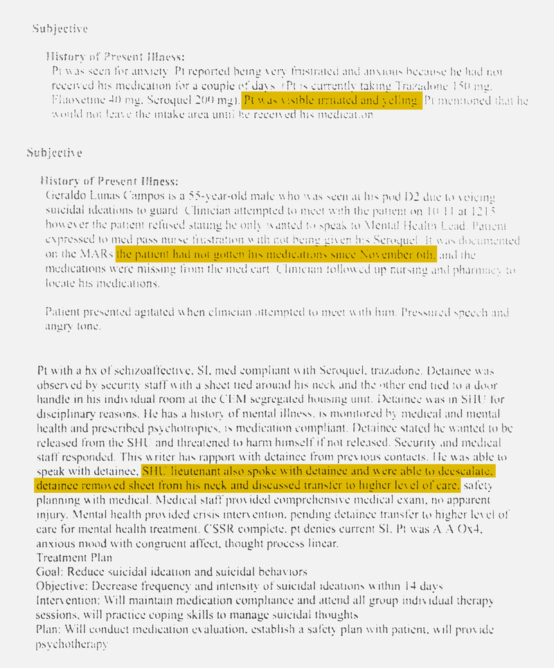 A compilation of three patient history excerpts shows various entries regarding Geraldo Lunas Campos. The text contains three highlighted sections:

First section: "Pt was visible irritated and yelling."

Second section: "the patient had not gotten his medications since November 6th."

Third section: "SHU lieutenant also spoke with detainee and were able to deescalate, detainee removed sheet from his neck and discussed transfer to higher level of care."