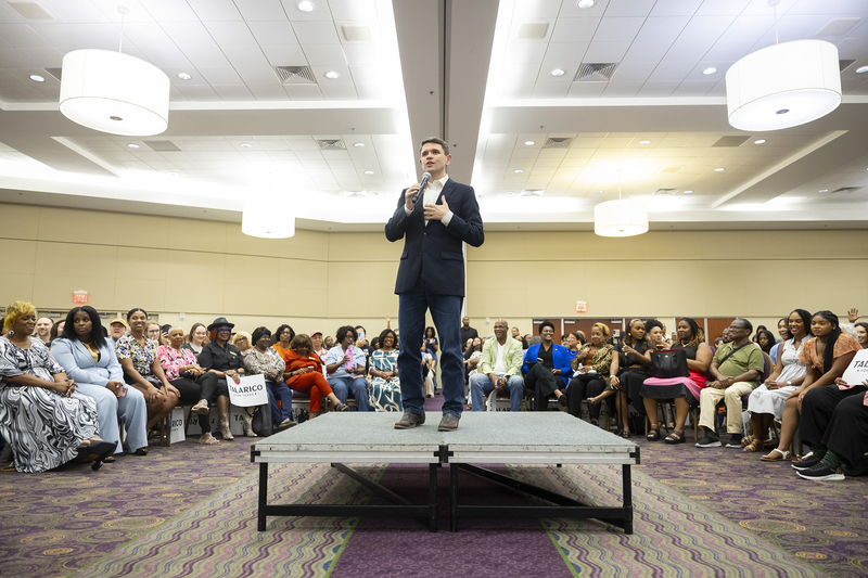 U.S. Senate candidate James Talarico speaks during a town hall meeting at Kingdom Builders Center in Houston on July 19, 2026.