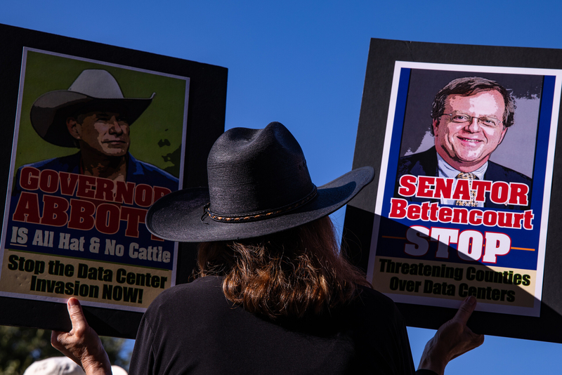 Rita Beving attends a rally against data center development across the state on the Capitol steps in Austin on July 27, 2026.