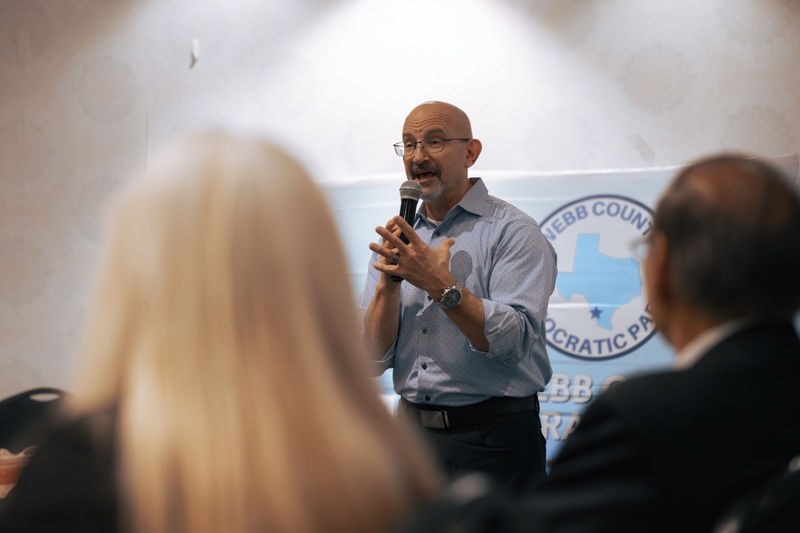 State Rep. and Democratic nominee for Texas Railroad Commission Jon Rosenthal speaks at a town hall in Laredo on Aug. 22, 2026.