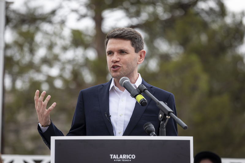 State Rep. and Democratic nominee for U.S. Senate James Talarico speaks at a campaign stop in Sanderson on July 13, 2026.