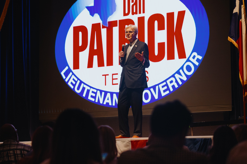 Lieutenant Governor Dan Patrick speaks at the Red River Roll Call, a Republican rally hosted by Texas Rep. Shelley Luther in Sherman on July 27, 2026.