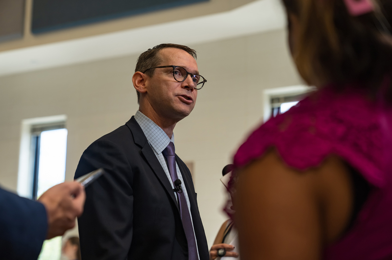 Texas Education Commissioner Mike Morath, at Oak Run Middle School in New Braunfels on Aug. 14, 2026. “The evidence in Texas is that state intervention has consistently raised the quality of learning in our schools,” Morath said that day, as about a dozen districts are at risk of a takeover.