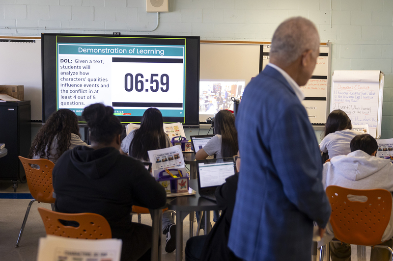 Miles observes a timed Demonstration of Learning, or DOL, where students are immediately tested and graded for a concept they just learned. Annie Mulligan for The Texas Tribune
