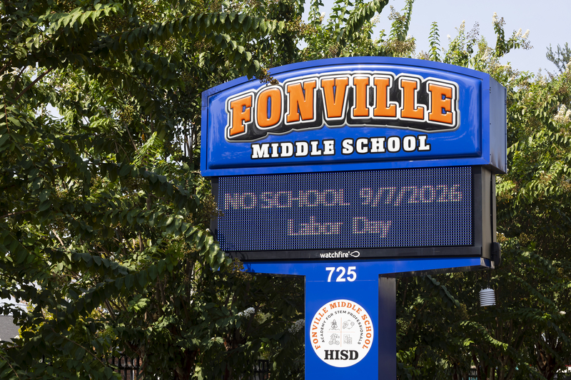 The marquee at Fonville Middle School on Aug. 26. Just three years ago, the north Houston school was rated an F.