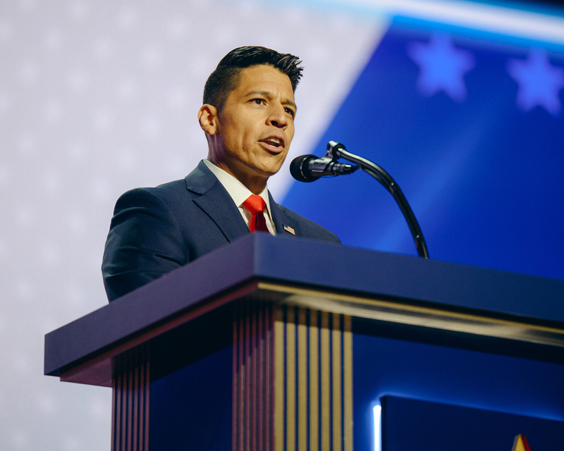 Carlos De La Cruz, Republican nominee for U.S. House District 35, speaks at the 2026 Republican Convention in Dallas on Sept. 9, 2026.