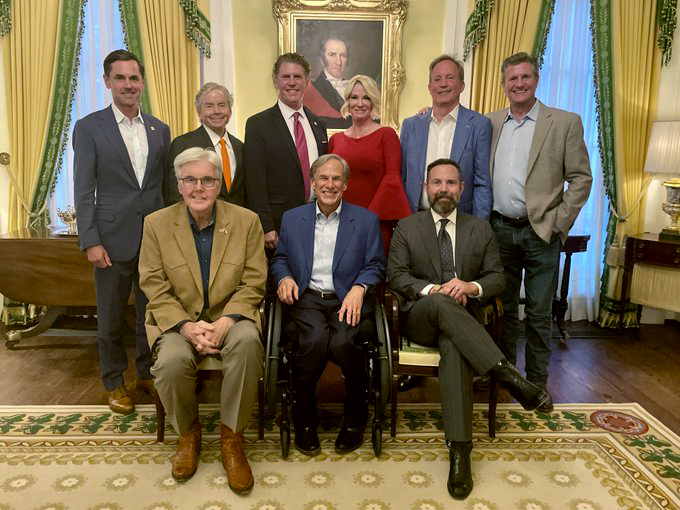 The Republicans on the November ballot for statewide offices in 2026. Front row from left: Lt. Gov. Dan Patrick; Gov. Greg Abbott; House Speaker Dustin Burrows. Back row: State Sen. Mayes Middleton, running for state attorney general; Don Huffines, candidate for (and interim head of) state comptroller's office; Bo French, candidate for the Railroad Commission; Land Commissioner Dawn Buckingham; U.S. Sen. candidate and current AG Ken Paxton; and Nate Sheets, running for agriculture commissioner.