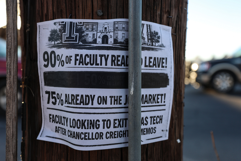 A sign is posted on a telephone pole out side J&amp;B Coffee in Lubbock displays the amount of faculty ready to leave Texas Tech University after Tech System Chancellor Brandon Creighton mandated new changed to core curriculum.
