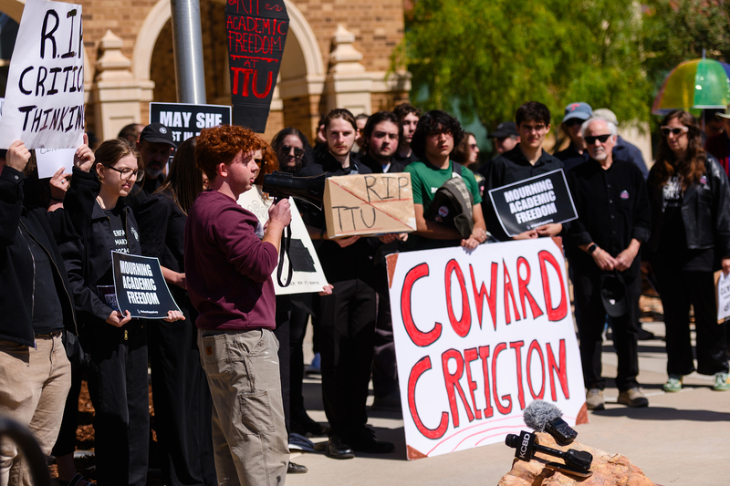 Freshman pre-law student James Snoddy speaks at a rally protesting censorship at Texas Tech University in Lubbock on Thursday, May 7, 2026.